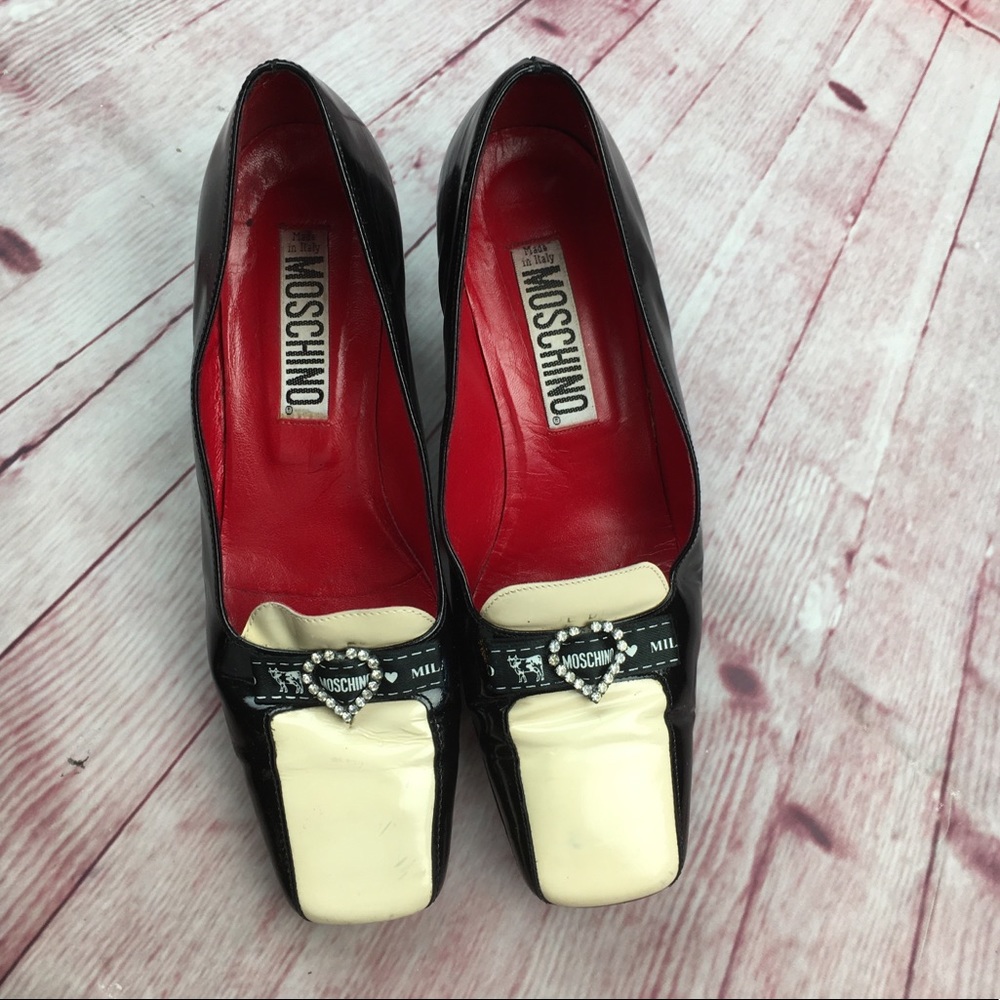 🐞Moschino Black and White Patent Leather Square Toe Pump Size 7 - Picture 11 of 11